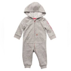Carhartt 12M Baby Girl Gray Hooded One Piece w. Zipper. Cozy outfit or PJ’s.